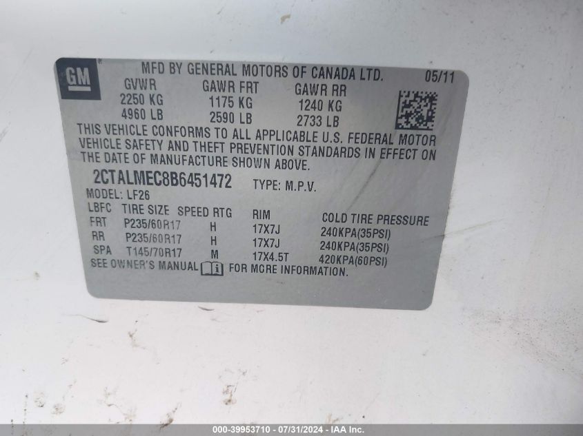 2011 GMC Terrain Sle VIN: 2CTALMEC8B6451472 Lot: 39953710