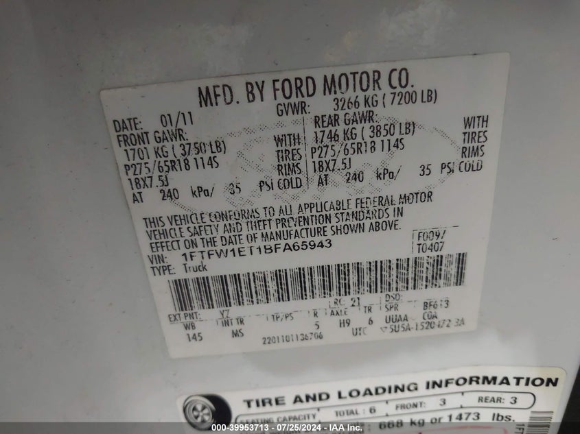 2011 Ford F-150 Xlt VIN: 1FTFW1ET1BFA65943 Lot: 39953713