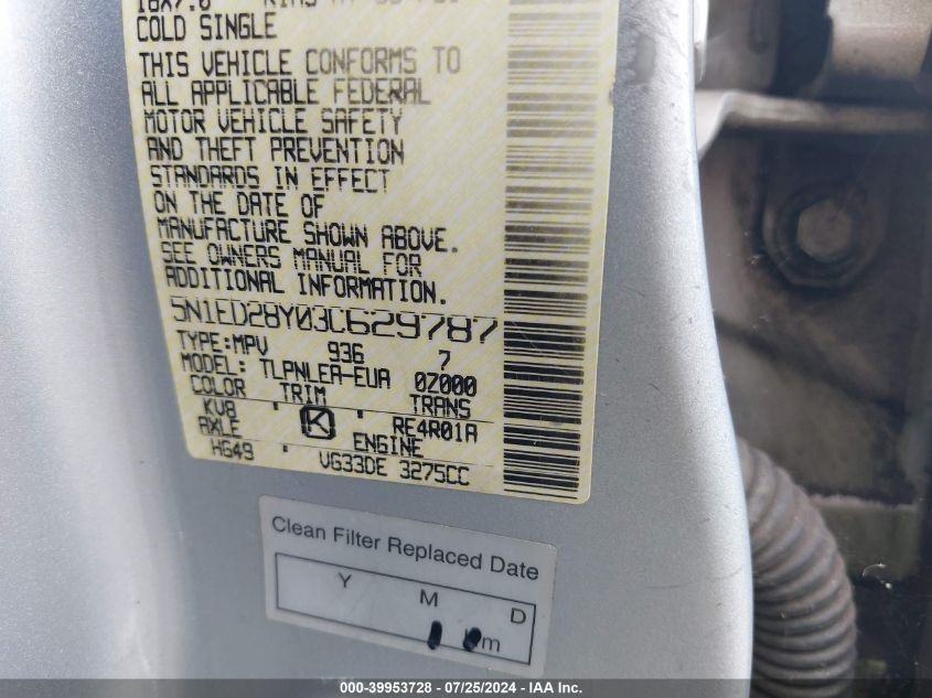 2003 Nissan Xterra Xe VIN: 5N1ED28Y03C629787 Lot: 39953728