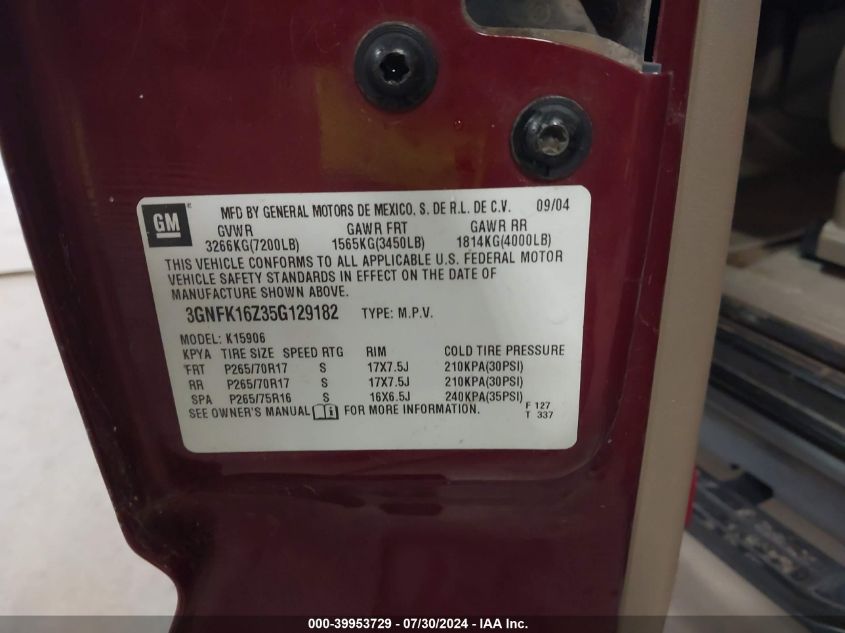 2005 Chevrolet Suburban 1500 Z71 VIN: 3GNFK16Z35G129182 Lot: 39953729