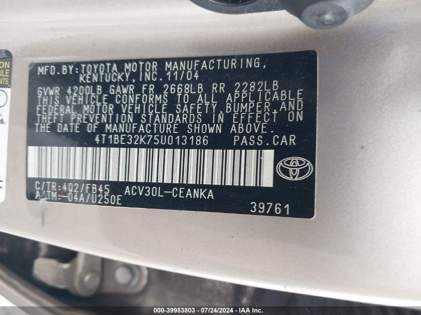 2005 Toyota Camry Le/Se/Std/Xle VIN: 4T1BE32K75U013186 Lot: 39953803