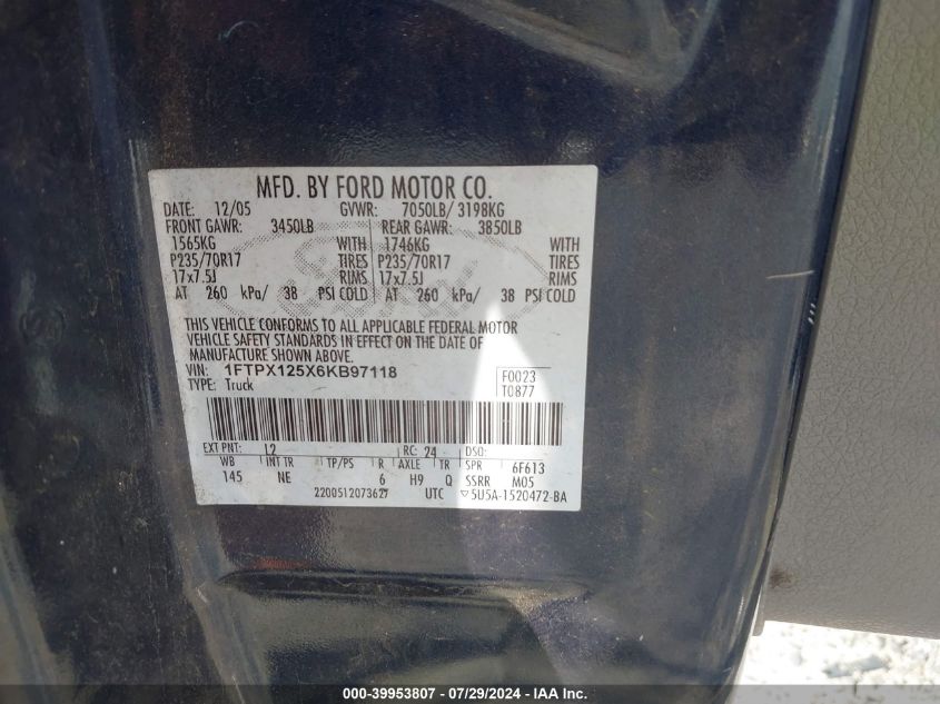 2006 Ford F-150 Lariat/Xl/Xlt VIN: 1FTPX125X6KB97118 Lot: 39953807