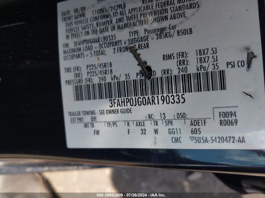 2010 Ford Fusion Sel VIN: 3FAHP0JG0AR190335 Lot: 39953809