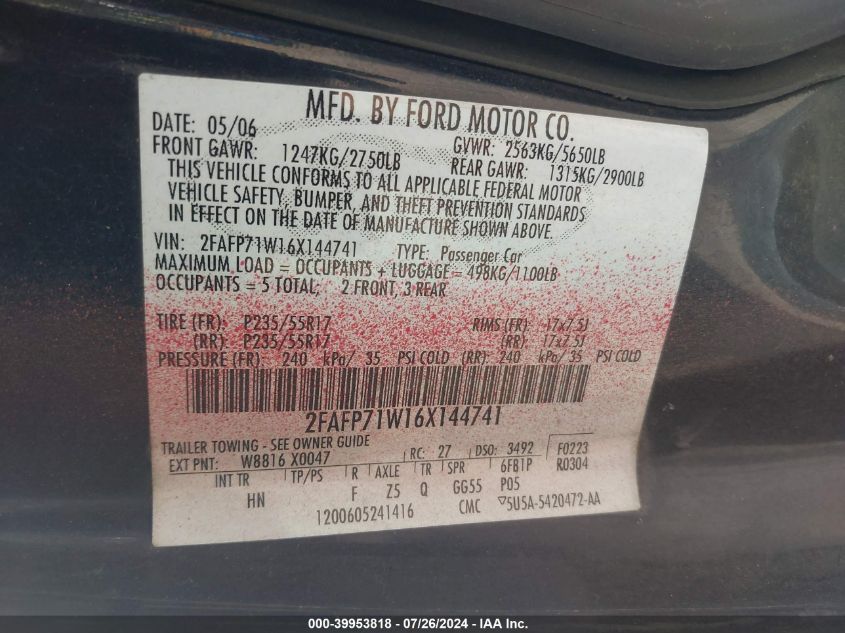 2006 Ford Crown Victoria Police Interceptor VIN: 2FAFP71W16X144741 Lot: 39953818