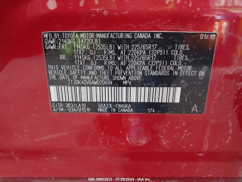 2010 Toyota Rav4 Limited V6 VIN: 2T3DK4DV6AW020694 Lot: 39953833