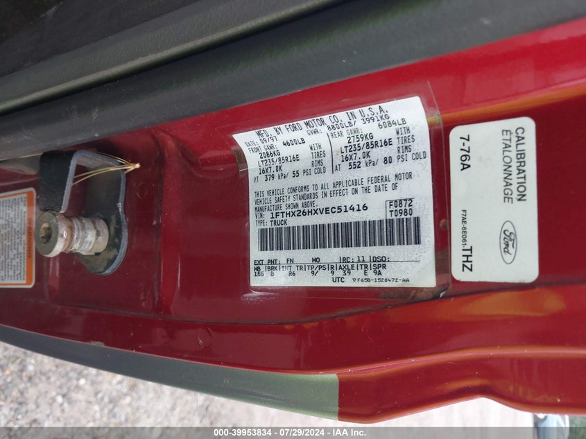 1997 Ford F-250 Xl VIN: 1FTHX26HXVEC51416 Lot: 39953834