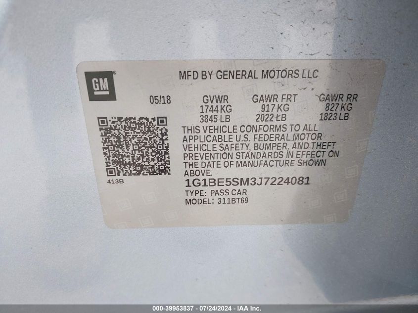 2018 Chevrolet Cruze Lt Auto VIN: 1G1BE5SM3J7224081 Lot: 39953837
