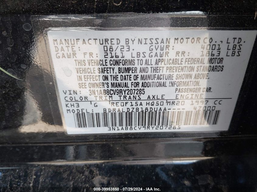 2024 Nissan Sentra Sv Xtronic Cvt VIN: 3N1AB8CV9RY207285 Lot: 39953850