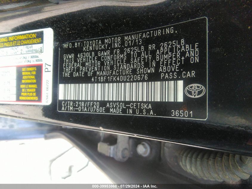 4T1BF1FK4DU220676 | 2013 TOYOTA CAMRY