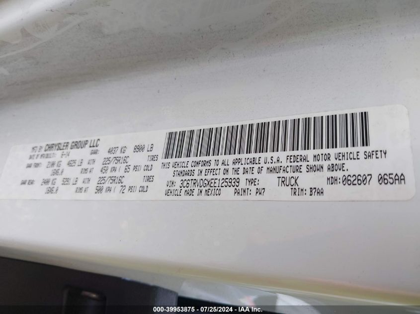 2014 Ram Promaster 2500 2500 High VIN: 3C6TRVDGXEE125939 Lot: 39953875