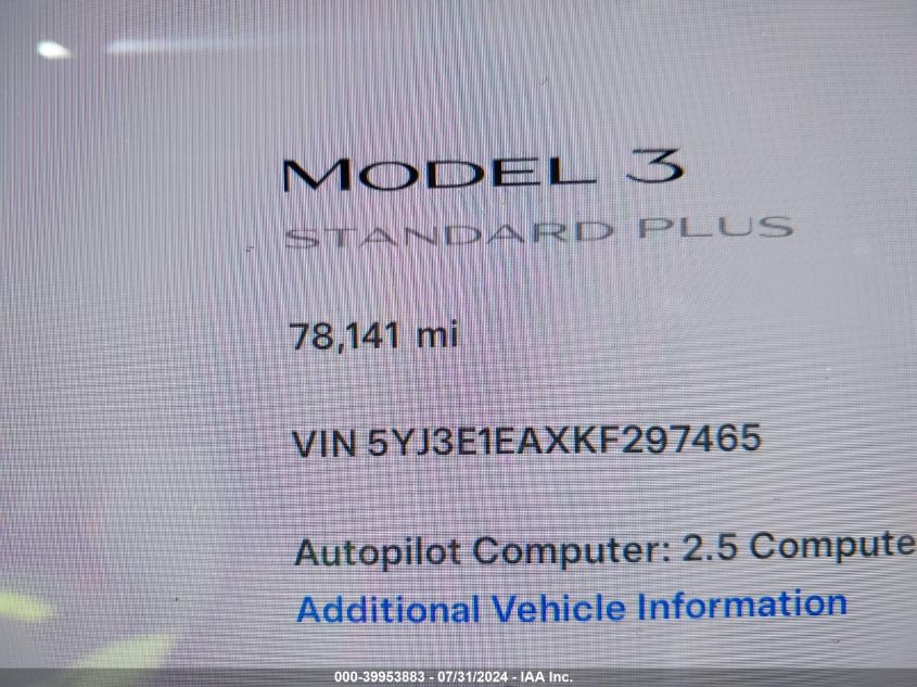 2019 Tesla Model 3 Long Range/Mid Range/Standard Range/Standard Range Plus VIN: 5YJ3E1EAXKF297465 Lot: 39953883