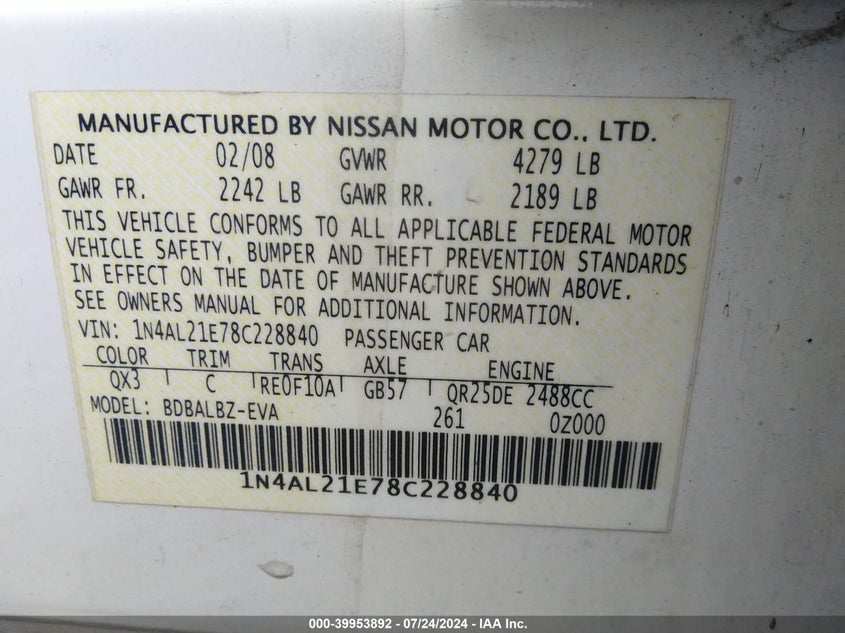 2008 Nissan Altima 2.5 S VIN: 1N4AL21E78C228840 Lot: 39953892