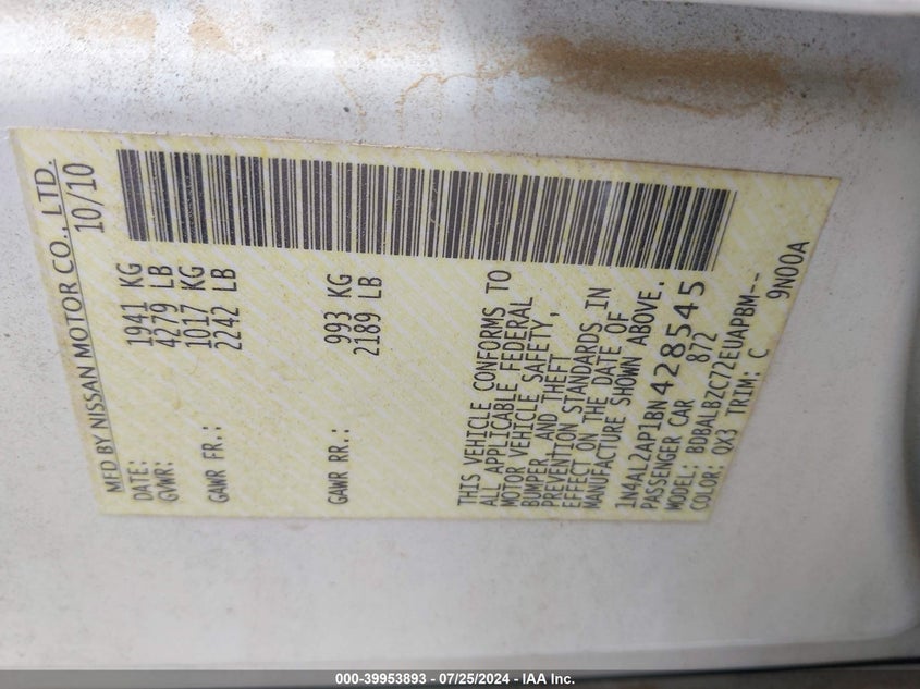 2011 Nissan Altima 2.5 S VIN: 1N4AL2AP1BN428545 Lot: 39953893