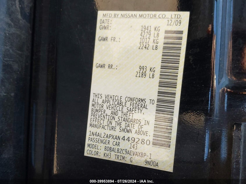 2010 Nissan Altima S VIN: 1N4AL2APXAN449280 Lot: 39953894