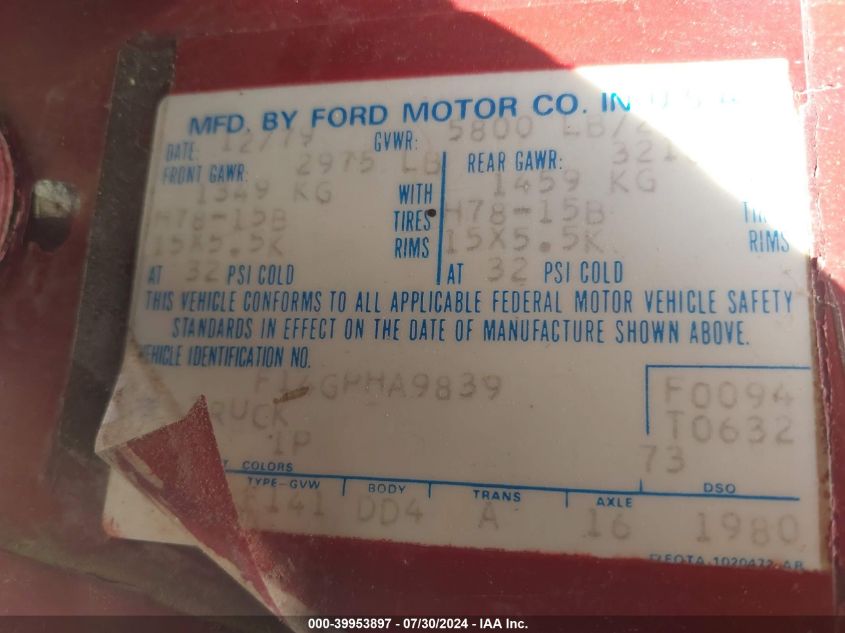 1980 Ford F150 VIN: F14GPHA9839 Lot: 39953897