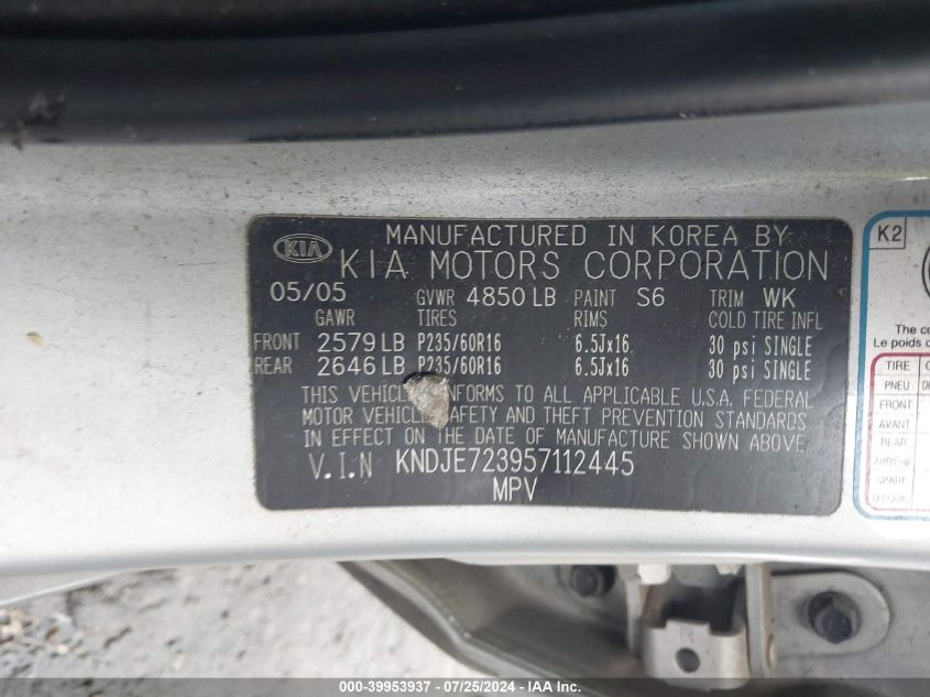 2005 Kia Sportage Ex V6/Lx V6 VIN: KNDJE723957112445 Lot: 39953937