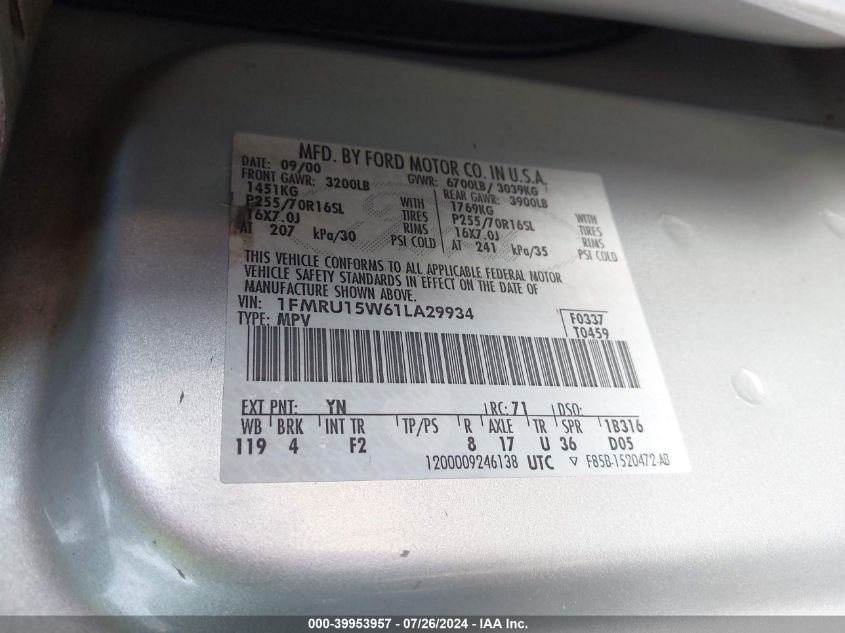 2001 Ford Expedition Xlt VIN: 1FMRU15W61LA29934 Lot: 39953957