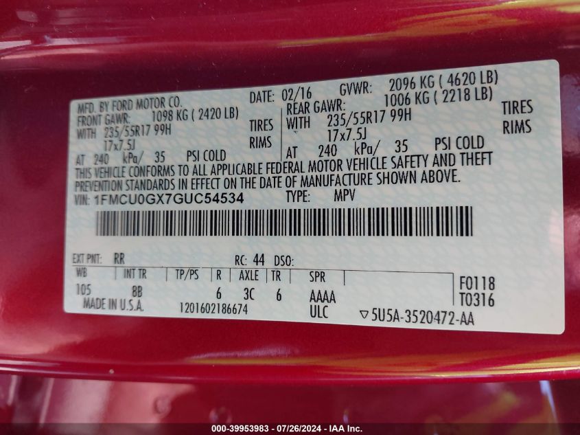 2016 Ford Escape Se VIN: 1FMCU0GX7GUC54534 Lot: 39953983