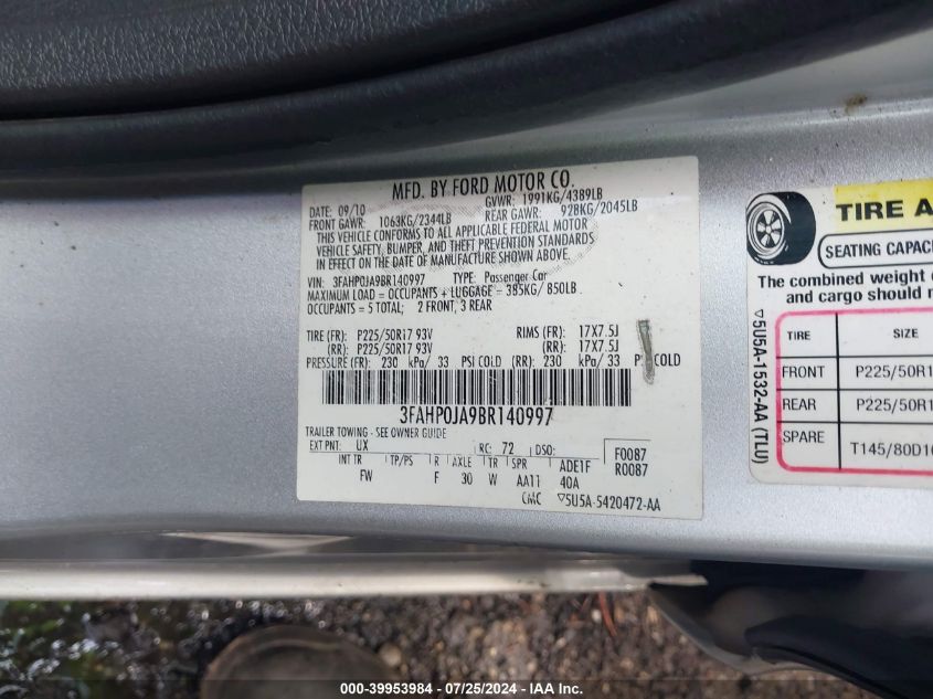 2011 Ford Fusion Sel VIN: 3FAHP0JA9BR140997 Lot: 39953984