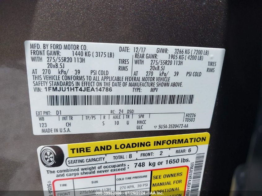 2018 Ford Expedition Xlt VIN: 1FMJU1HT4JEA14786 Lot: 39953986