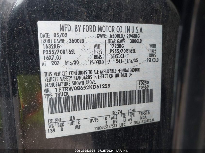 2002 Ford F-150 Lariat/Xlt VIN: 1FTRW08652KD61228 Lot: 39953991