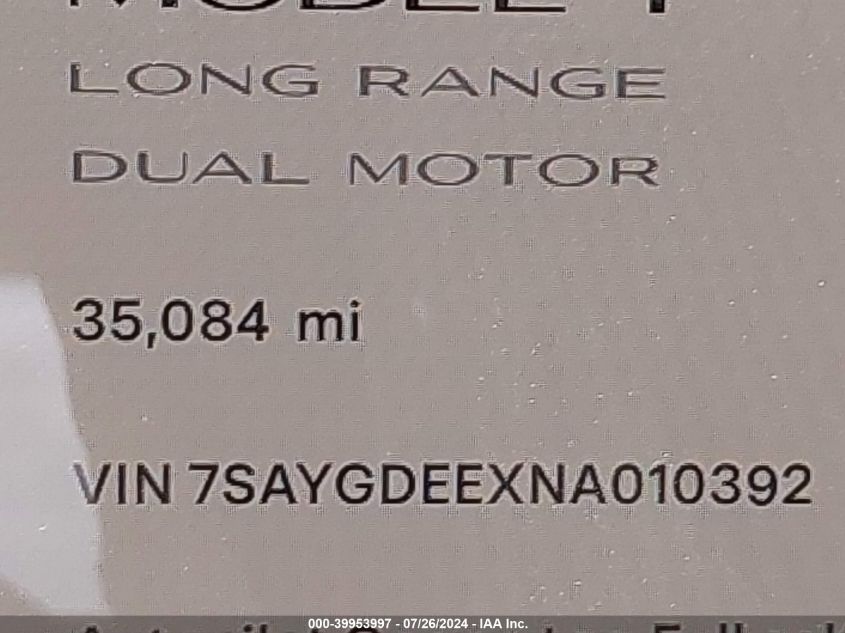 2022 Tesla Model Y Long Range Dual Motor All-Wheel Drive VIN: 7SAYGDEEXNA010392 Lot: 39953997