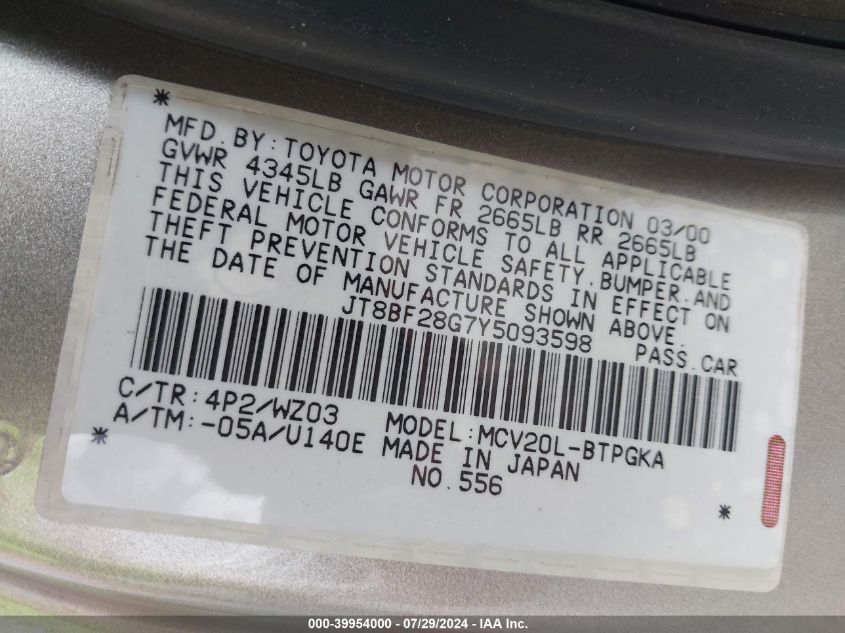 2000 Lexus Es 300 300 VIN: JT8BF28G7Y5093598 Lot: 39954000