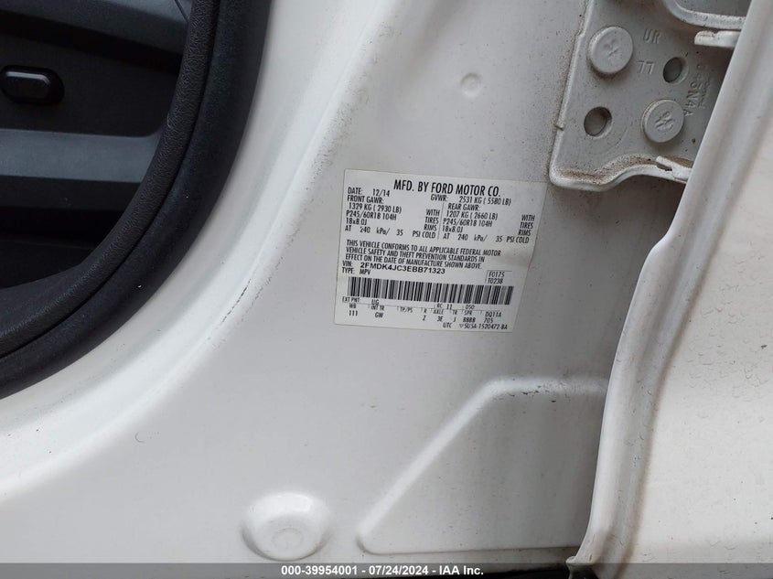 2014 Ford Edge Sel VIN: 2FMDK4JC3EBB71323 Lot: 39954001