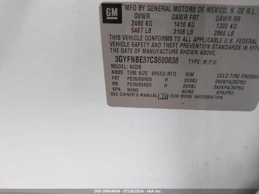 2012 Cadillac Srx Performance Collection VIN: 3GYFNBE37CS600838 Lot: 39954004