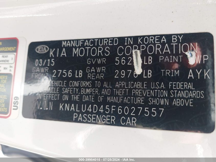 2015 Kia K900 Premium VIN: KNALU4D45F6027557 Lot: 39954015