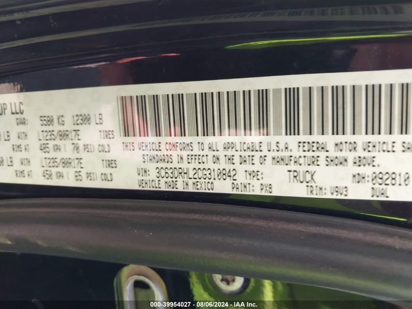 2012 Ram 3500 Slt VIN: 3C63DRHL2CG310842 Lot: 39954027