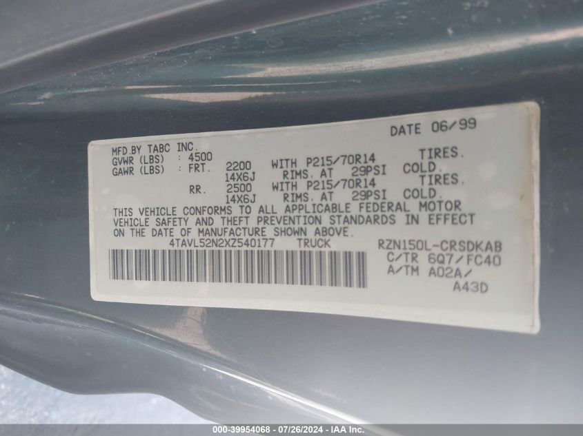 1999 Toyota Tacoma VIN: 4TAVL52N2XZ540177 Lot: 39954068