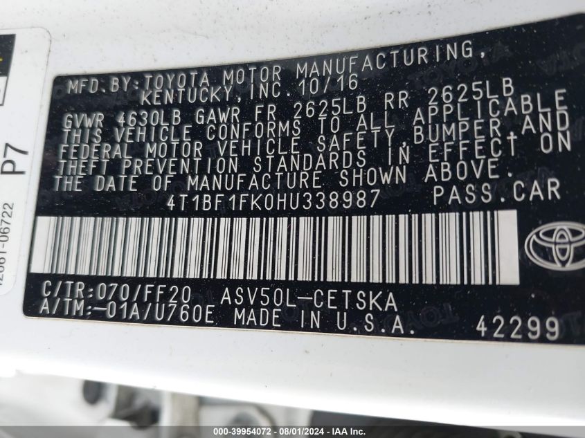 2017 TOYOTA CAMRY VIN: 4T1BF1FK0HU338987