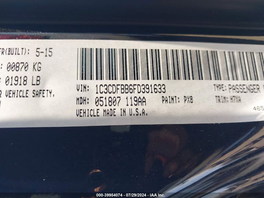 2015 Dodge Dart Sxt VIN: 1C3CDFBB6FD391633 Lot: 39954074