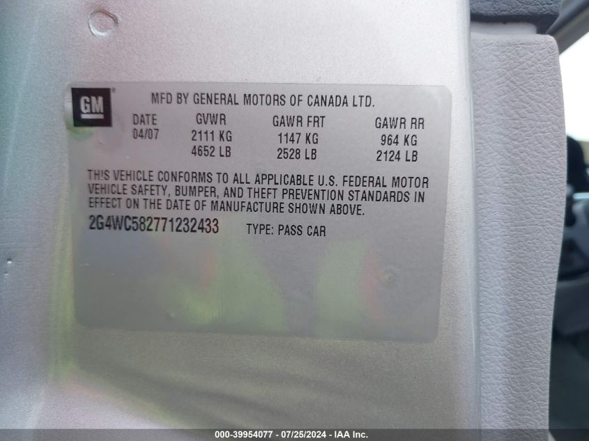 2007 Buick Lacrosse Cx VIN: 2G4WC582771232433 Lot: 39954077