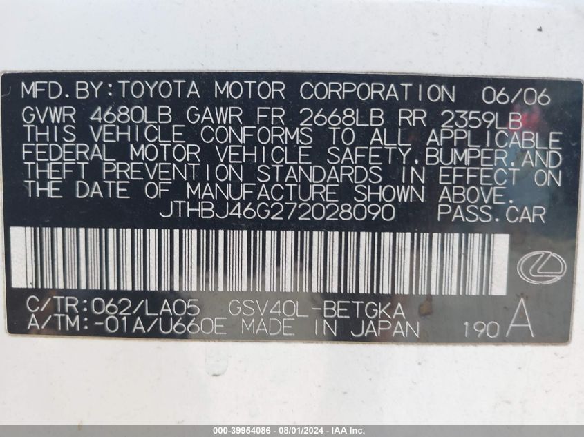 2007 Lexus Es 350 VIN: JTHBJ46G272028090 Lot: 39954086