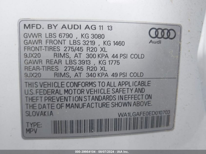 2014 Audi Q7 3.0T Premium VIN: WA1LGAFE0ED010703 Lot: 39954104