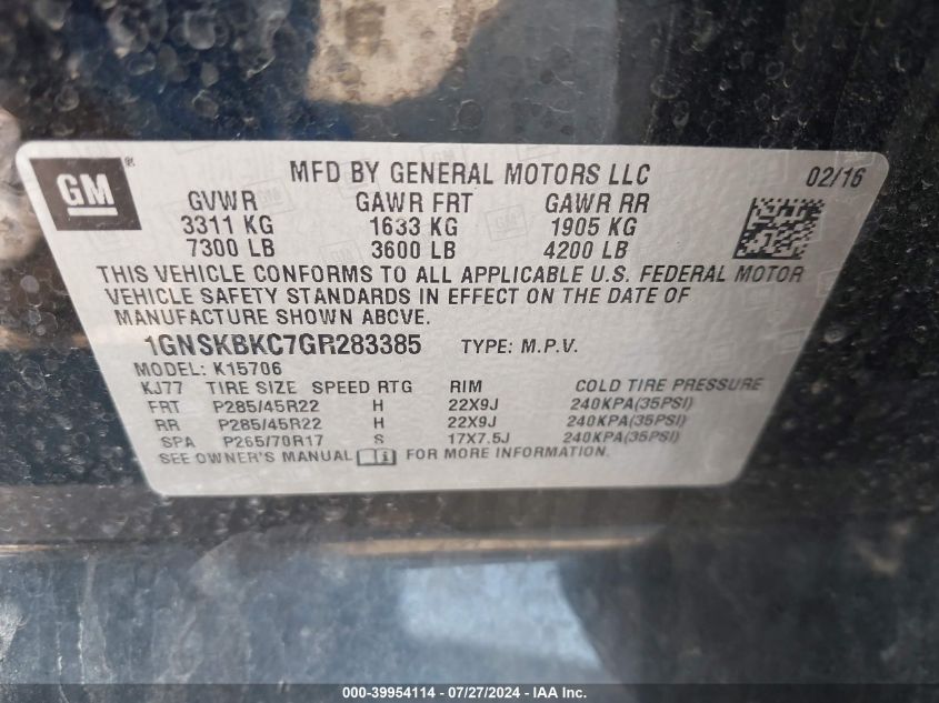 2016 Chevrolet Tahoe K1500 Lt VIN: 1GNSKBKC7GR283385 Lot: 39954114