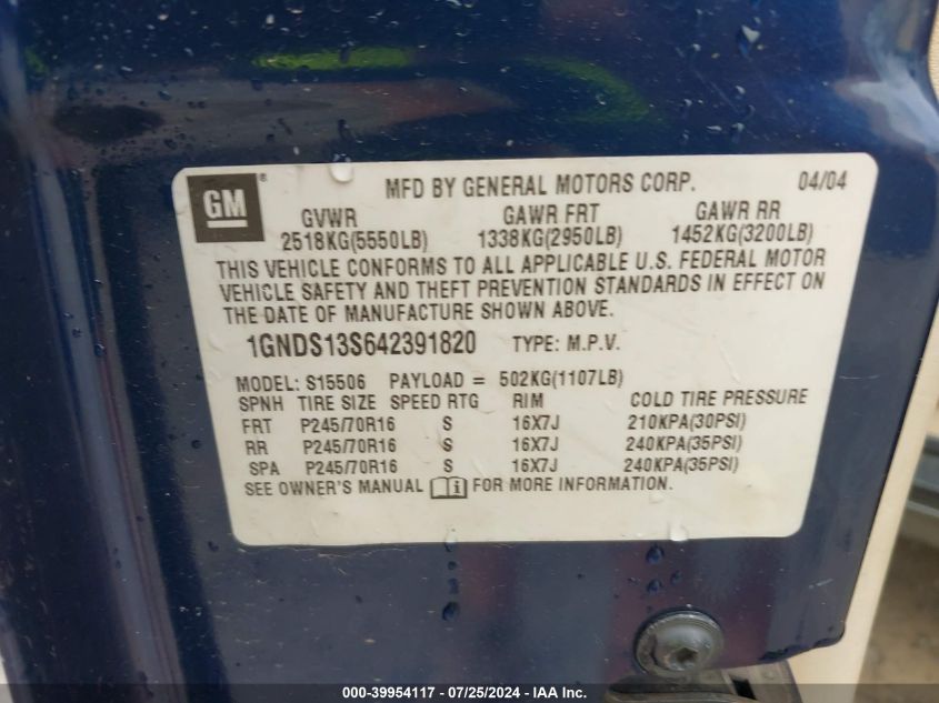 2004 Chevrolet Trailblazer Ls VIN: 1GNDS13S642391820 Lot: 39954117