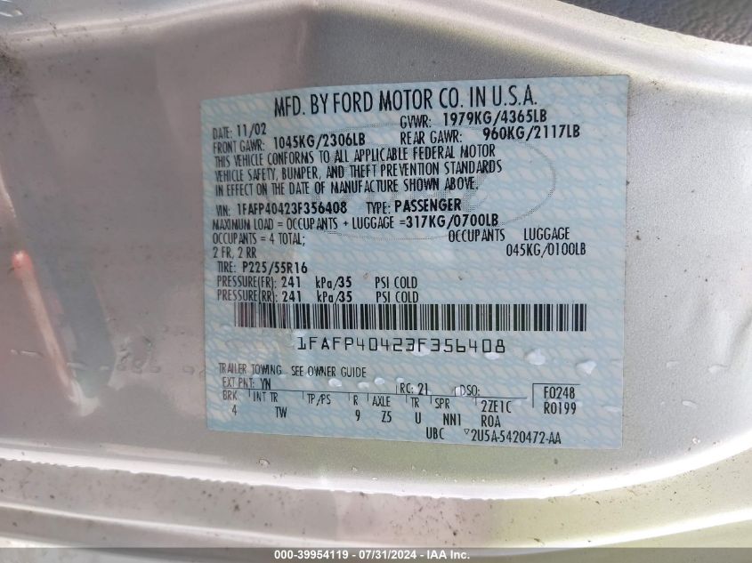 2003 Ford Mustang VIN: 1FAFP40423F356408 Lot: 39954119