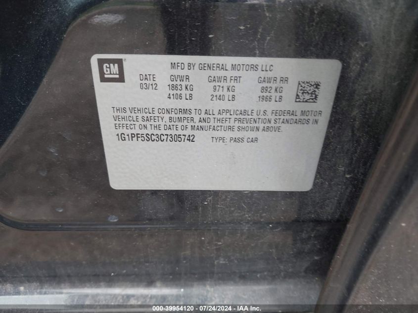 2012 Chevrolet Cruze 1Lt VIN: 1G1PF5SC3C7305742 Lot: 39954120