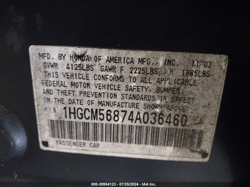 2004 Honda Accord 2.4 Ex VIN: 1HGCM56874A036460 Lot: 39954123