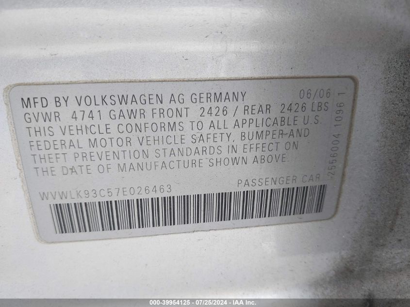 WVWLK93C57E026463 2007 Volkswagen Passat 2.0T