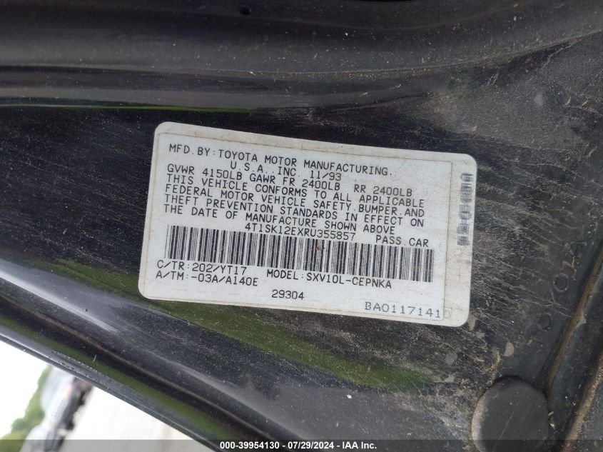 1994 Toyota Camry Le VIN: 4T1SK12EXRU355857 Lot: 39954130