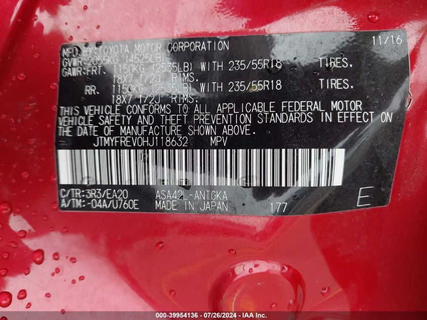 2017 Toyota Rav4 Limited/Platinum VIN: JTMYFREV0HJ118632 Lot: 39954136