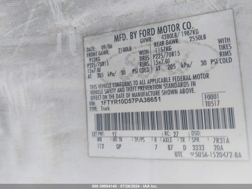 2007 Ford Ranger Stx/Xl/Xlt VIN: 1FTYR10D57PA38651 Lot: 39954140