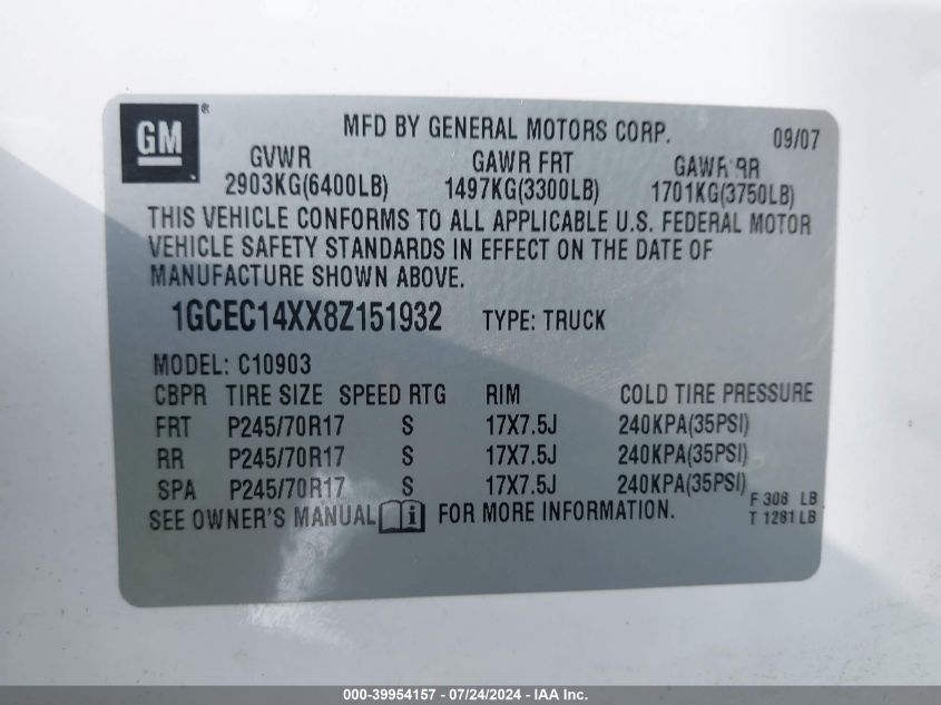 2008 Chevrolet Silverado 1500 Work Truck VIN: 1GCEC14XX8Z151932 Lot: 39954157