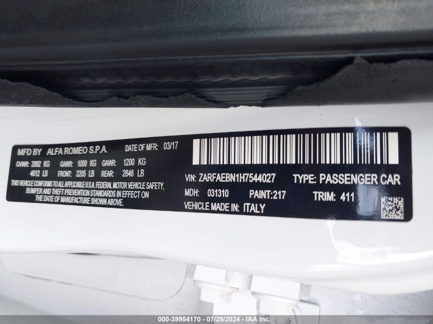 2017 Alfa Romeo Giulia VIN: ZARFAEBN1H7544027 Lot: 39954170
