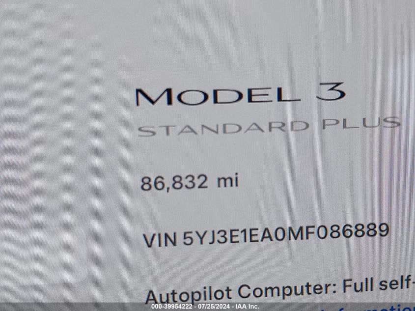 2021 Tesla Model 3 VIN: 5YJ3E1EA0MF086889 Lot: 39954222