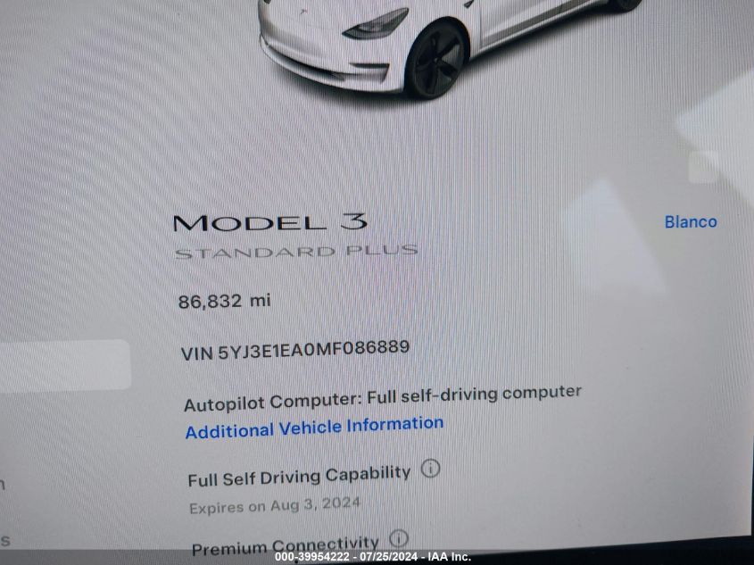 2021 Tesla Model 3 VIN: 5YJ3E1EA0MF086889 Lot: 39954222